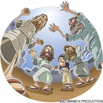 Biblical scene showing Jesus and disciples in animated discussion, with expressive gestures and dynamic poses.