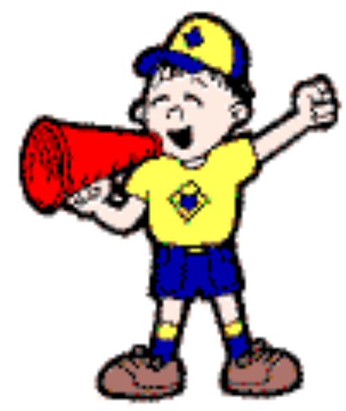 Cheerful cartoon boy in yellow shirt and blue shorts shouting into a red megaphone, wearing a star-adorned cap.