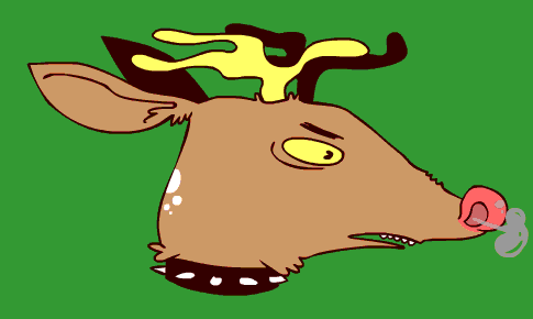 Cartoon reindeer head with yellow antlers, sleepy eye, and pacifier, on green background.