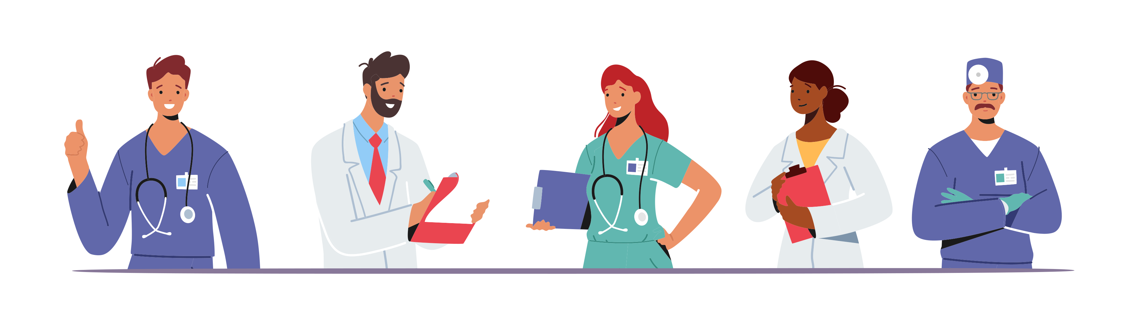 Five diverse healthcare professionals-doctors and nurses-in scrubs and lab coats, holding clipboards and stethoscopes, smiling confidently.
