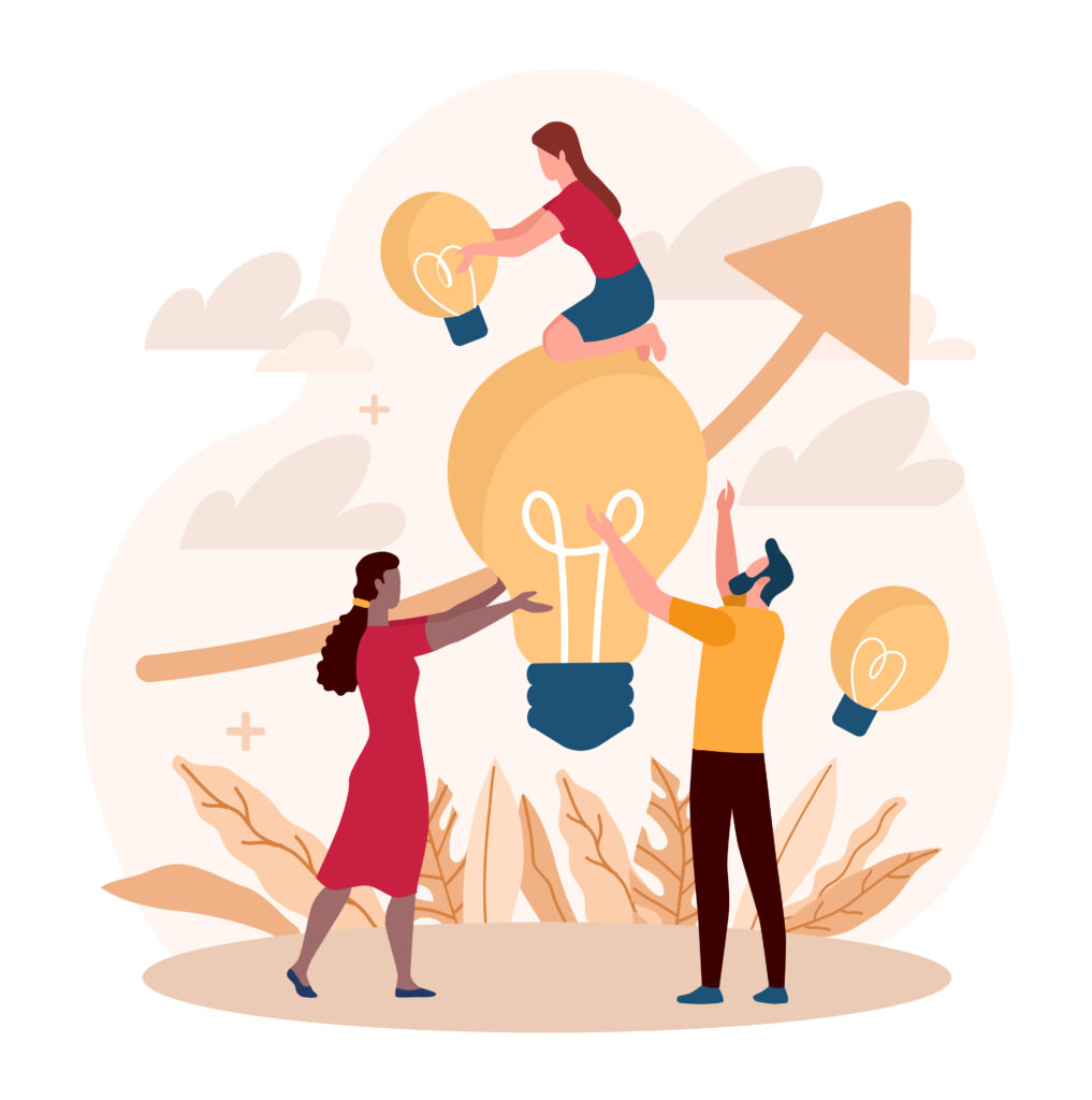Three diverse people collaborating around giant lightbulbs and an upward arrow, symbolizing teamwork, innovation, and growth.