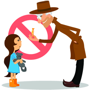 An elderly man in a brown hat offers candy to a young girl holding a teddy bear, with a red prohibition symbol over the candy.