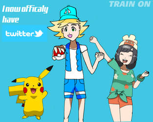 A cheerful anime-style illustration of a trainer with Pikachu, a female companion, and text "I now officially have twitter" and "TRAIN ON".
