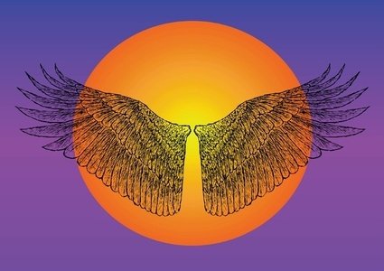 Stylized angel wings spread wide against a radiant orange sun on a purple gradient background.