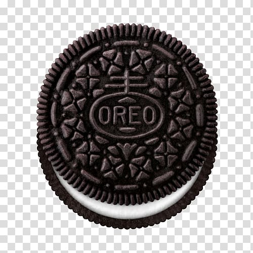 A classic Oreo cookie with dark chocolate wafers and white cream filling, viewed from above on transparent background.