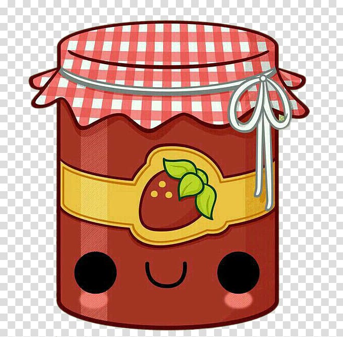 Cute kawaii-style strawberry jam jar with checkered cloth lid and smiling face.