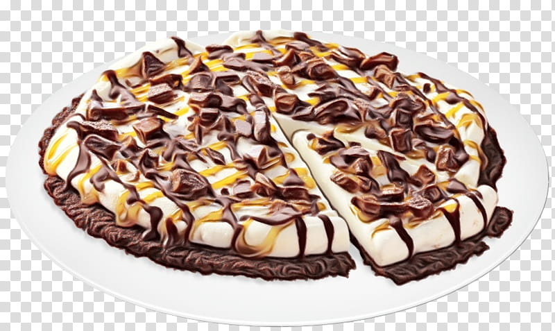 Chocolate marshmallow dessert pizza with caramel drizzle and chocolate chunks on a white plate, one slice removed.