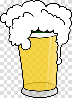 A cartoon-style pint glass overflowing with golden beer and thick white foam.