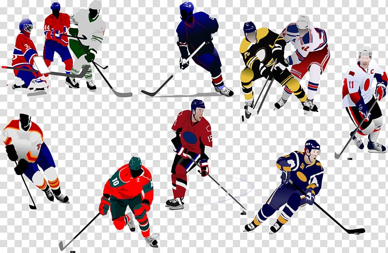 Ten illustrated ice hockey players in dynamic action poses, wearing colorful team jerseys and helmets, on transparent background.