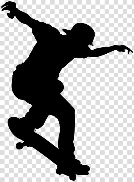 Silhouette of a skateboarder mid-trick, wearing a cap and dynamic pose against transparent background.