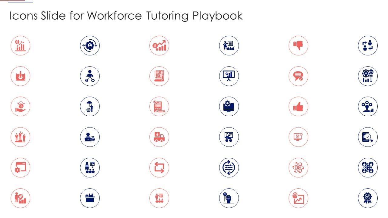 Collection of red and blue circular icons for workforce tutoring playbook presentation slide.