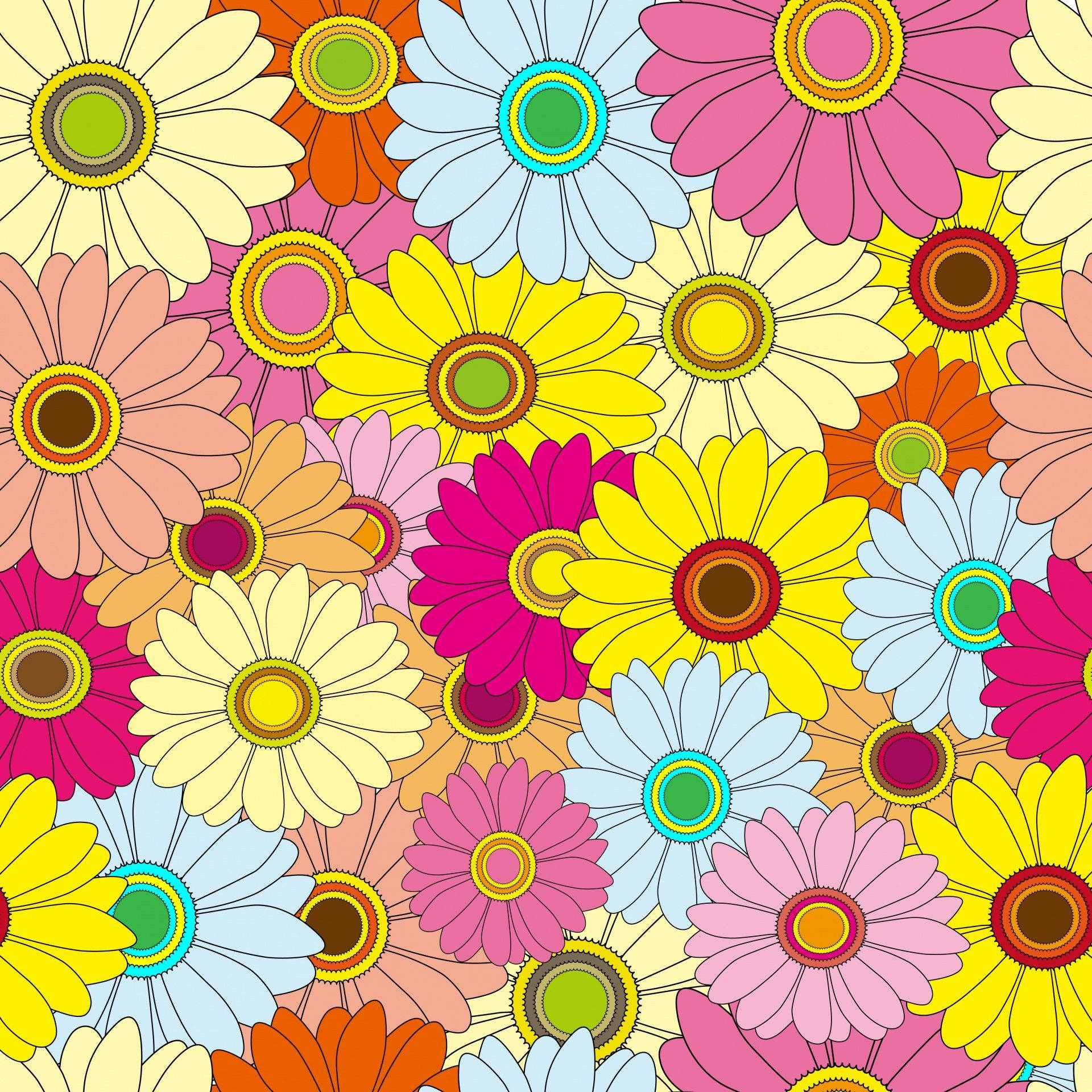 Vibrant colorful daisy pattern with bold outlines and retro-style concentric centers in yellow, pink, blue, orange, and green.