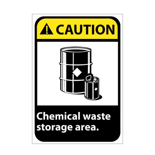 Caution sign indicating chemical waste storage area with drum and can icons.