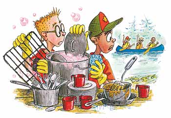 Two kids washing dishes with soapy water while others canoe in the background-camping cleanup scene.