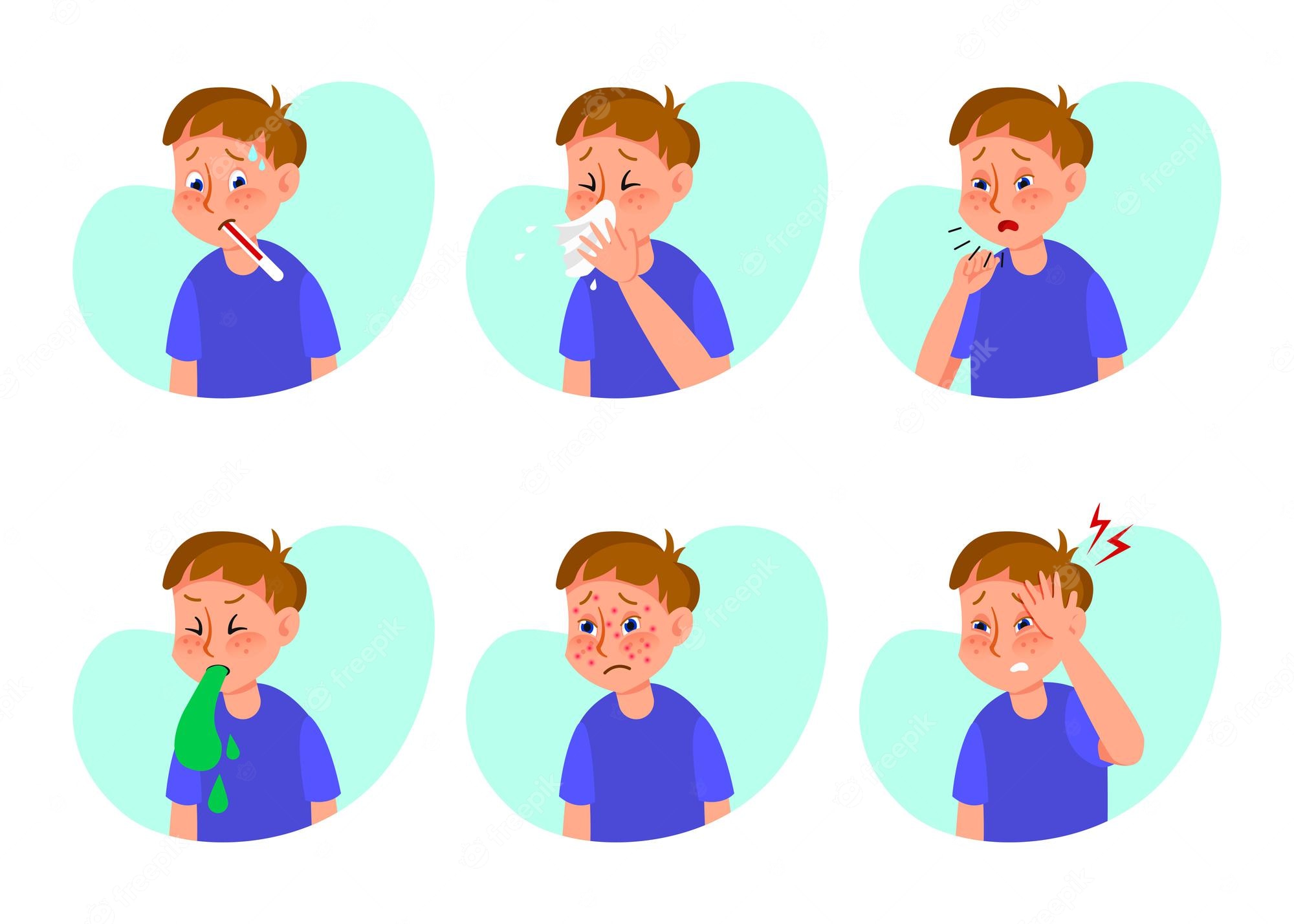 Boy showing six common illness symptoms: fever, runny nose, cough, vomiting, rash, and headache.
