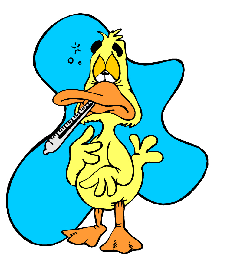 Sick yellow duck holding thermometer with blue fever cloud behind it.