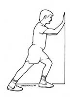 Person performing a calf stretch against a wall, illustrated in line drawing style.
