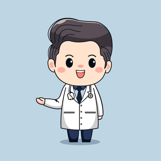 Friendly cartoon doctor in white coat with stethoscope, smiling and gesturing warmly.