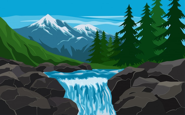 Serene Alpine Stream Landscape - Nature Illustration
