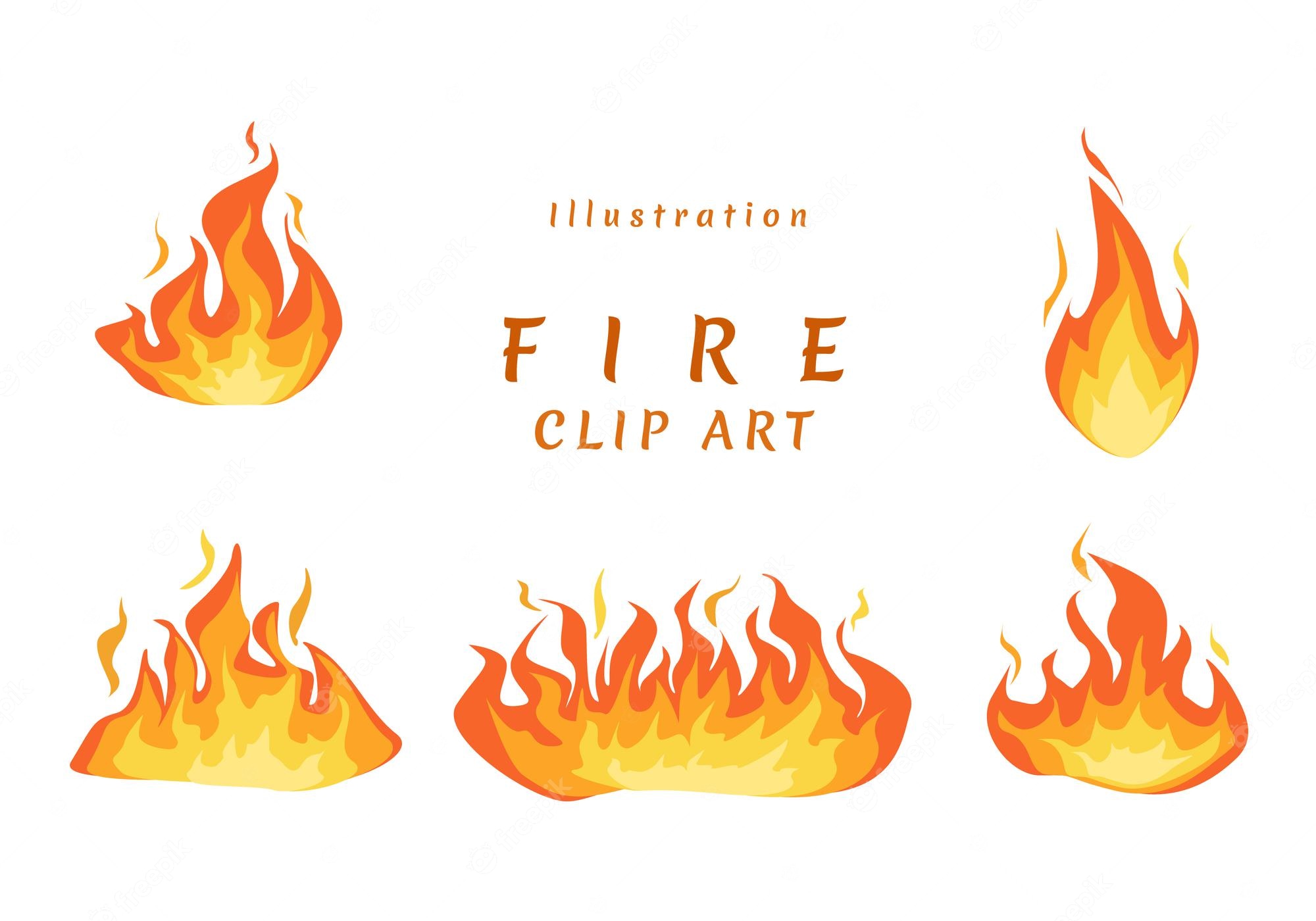 Five stylized fire clip art illustrations in orange and yellow tones on white background, labeled "Fire Clip Art".