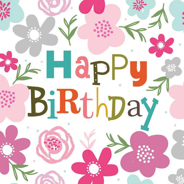 Colorful floral "Happy Birthday" greeting card design with playful multicolored text and pastel flowers.