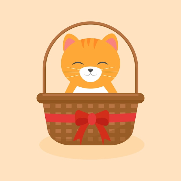 Smiling orange tabby cat sitting in a woven basket with a red ribbon bow.