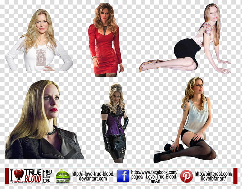 Six PNG cutouts of actress Anna Paquin as Sookie Stackhouse from True Blood in various outfits and poses.