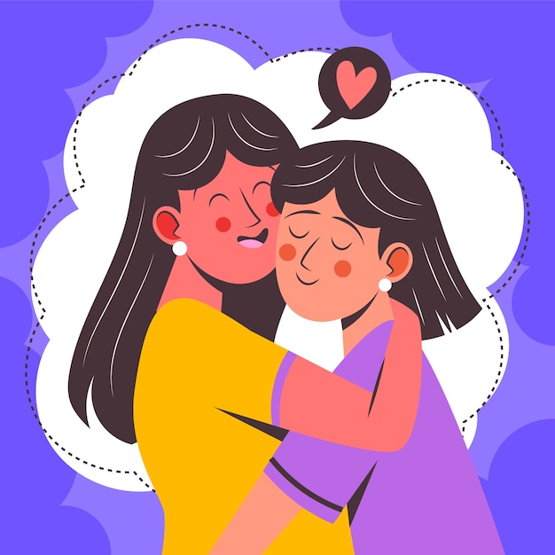 Two women embracing warmly with a heart speech bubble, symbolizing love and affection in a colorful illustration.