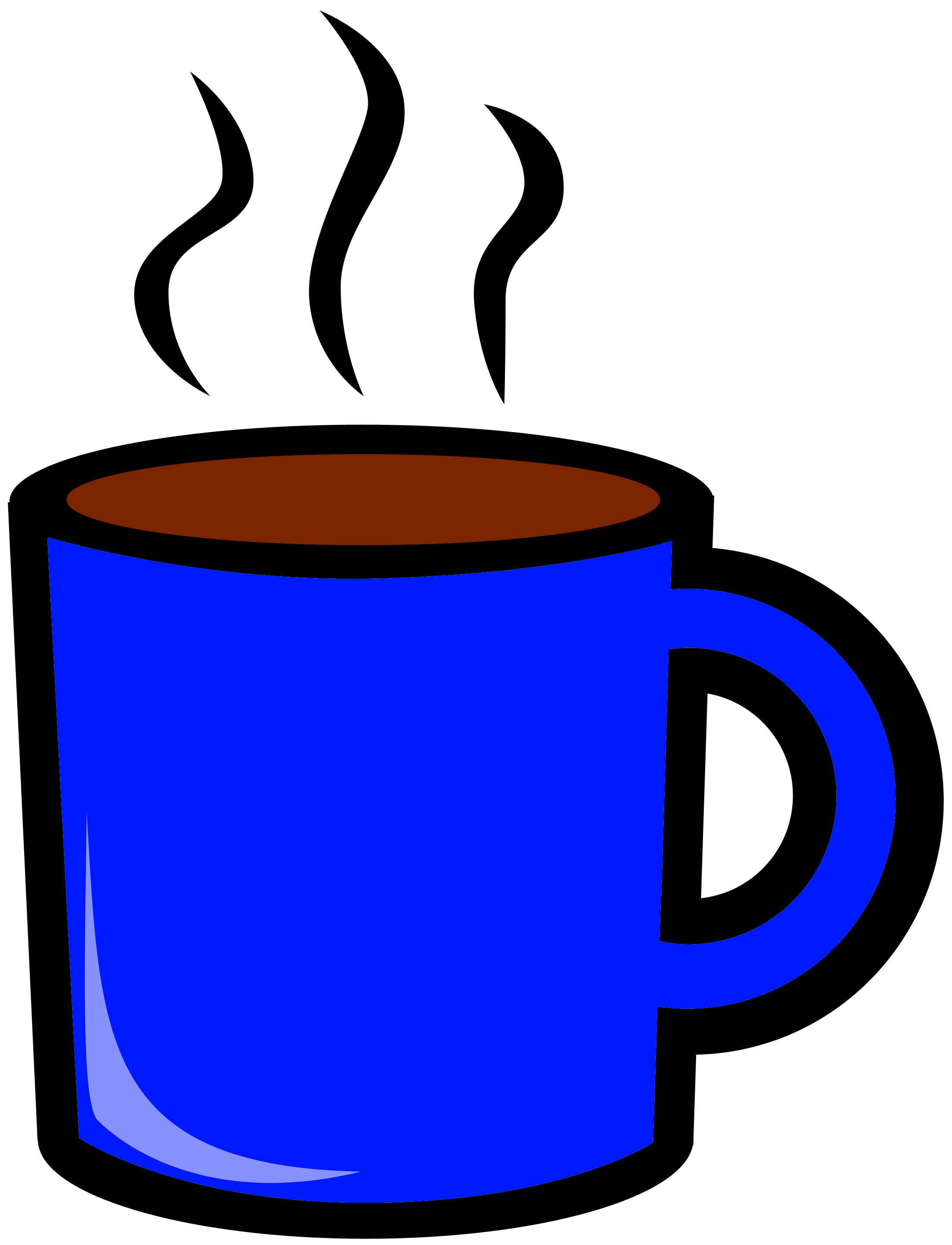 A vibrant blue ceramic mug with a brown interior and glossy highlight, isolated on black background.