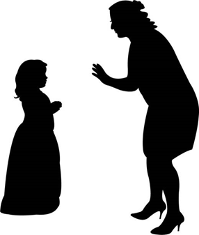 Silhouette of a woman speaking to a young girl, suggesting guidance or discipline.