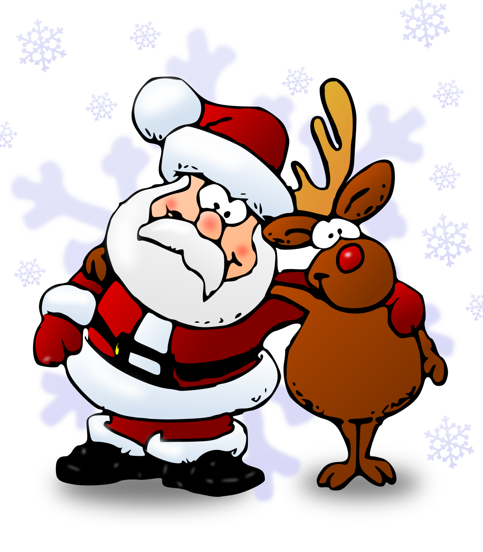 Santa Claus hugging a red-nosed reindeer amid falling snowflakes and stylized snowflakes on black background.