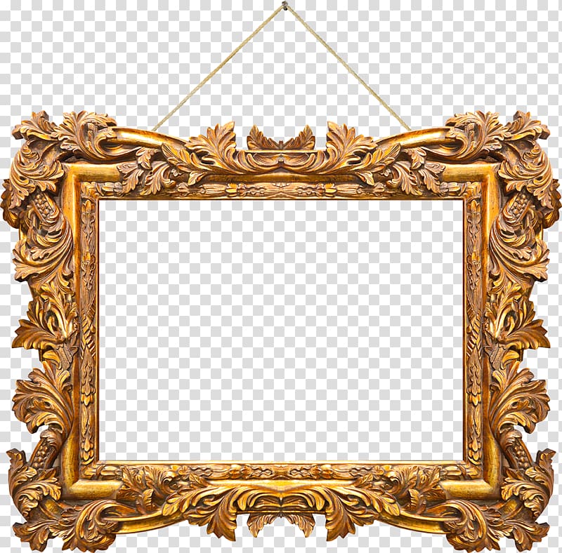 Ornate golden baroque-style picture frame with carved floral motifs, hanging by twine on transparent background.