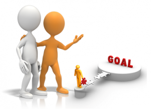 Two 3D figures guiding a smaller figure across a broken bridge toward a "GOAL" platform.