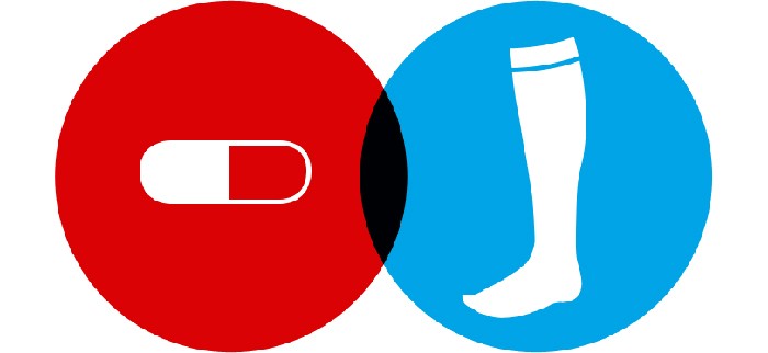 Red circle with white pill icon overlapping blue circle with white sock icon, symbolizing medication and foot care.