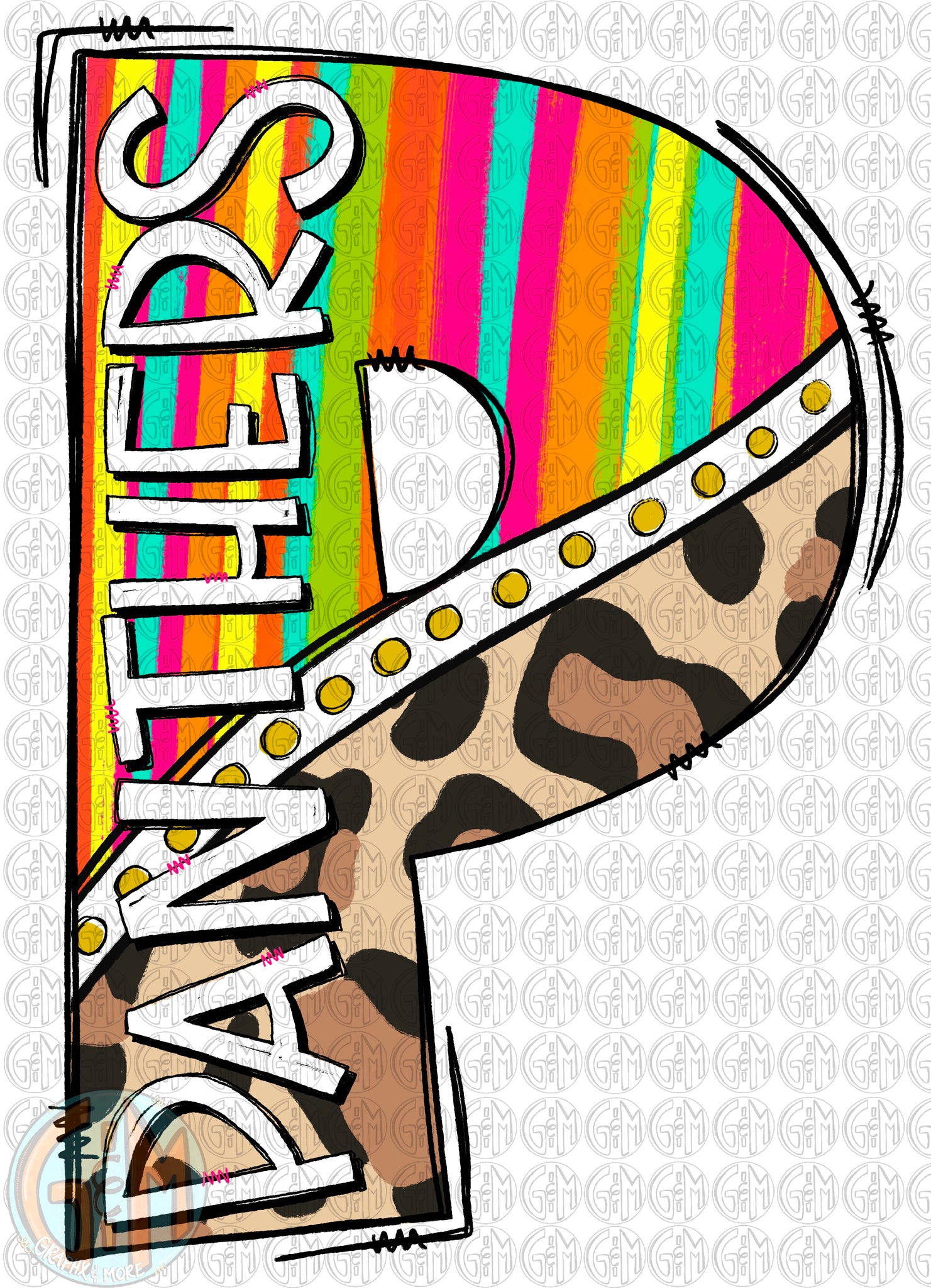 Vibrant "SHE DAZZLE" graphic with rainbow stripes, leopard print, and gold studs in bold hand-drawn typography.