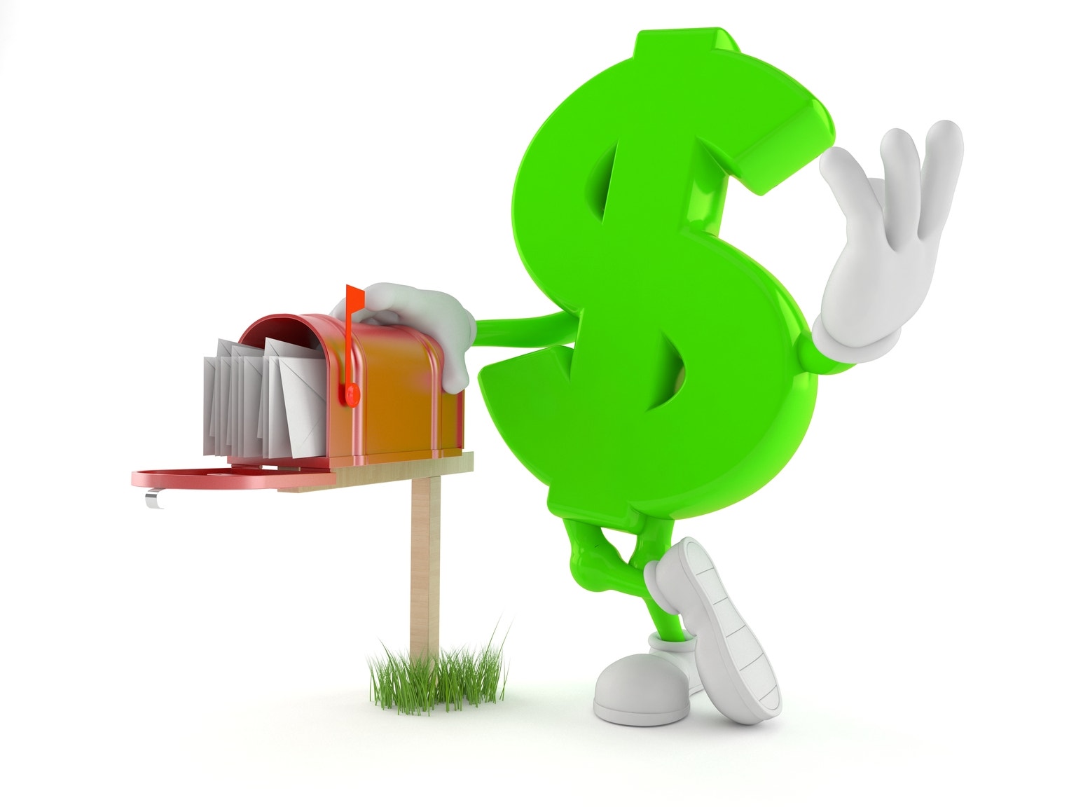 Green dollar sign mascot placing mail into a red mailbox on a grassy post.