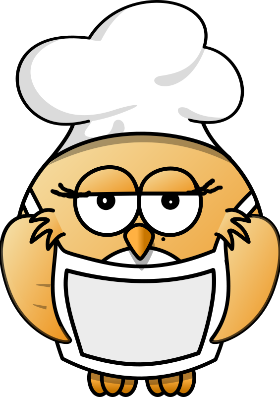 Cartoon owl chef wearing a white toque and apron, with stern expression and raised eyebrows.