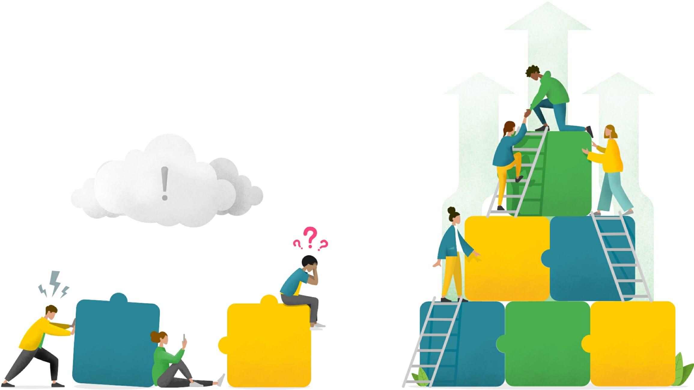 Illustration contrasting team collaboration success versus individual struggle with puzzle pieces and emotional symbols.