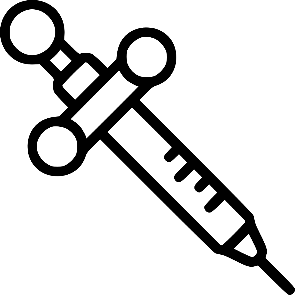 Black-and-white line icon of a medical syringe with plunger and needle, angled diagonally.