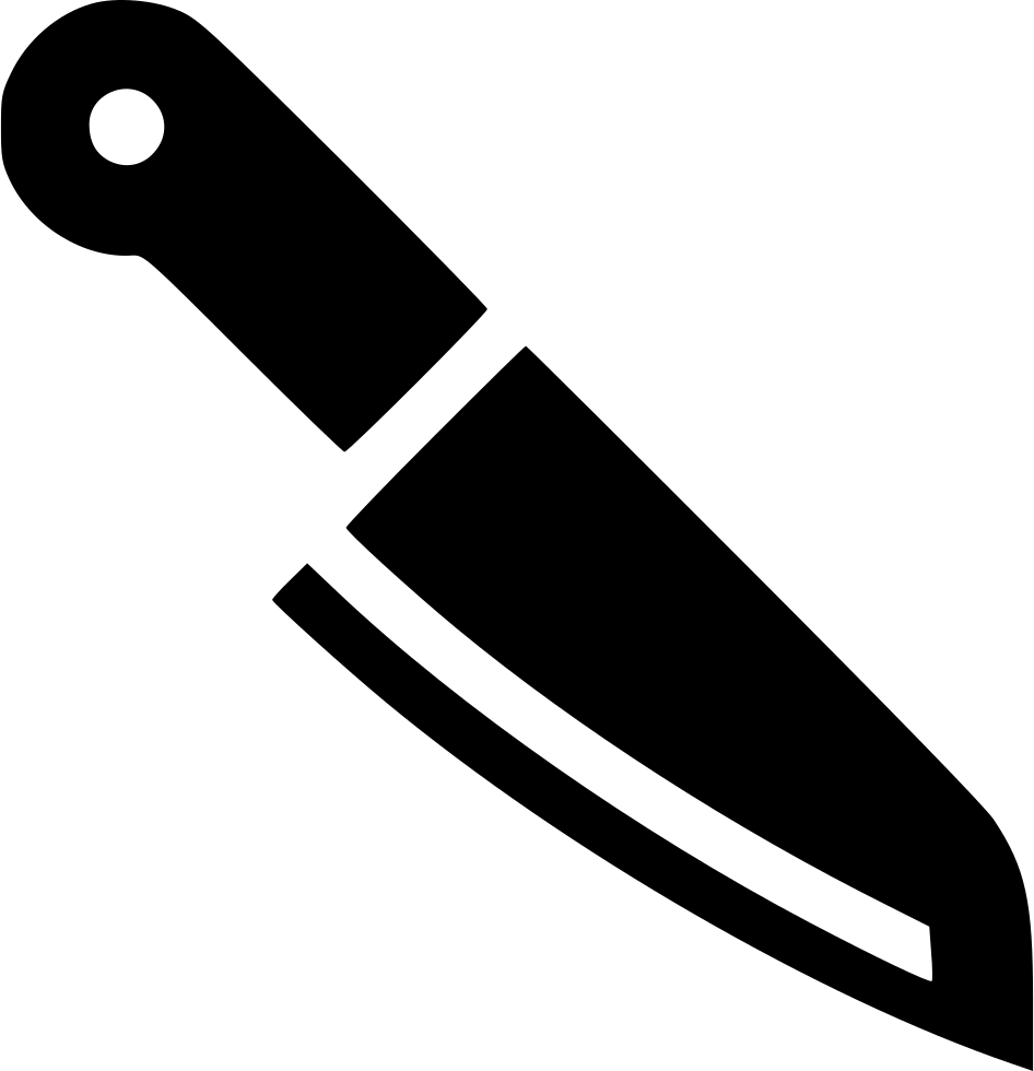 Black silhouette of a chef’s knife with a hole in the handle, angled diagonally on white background.