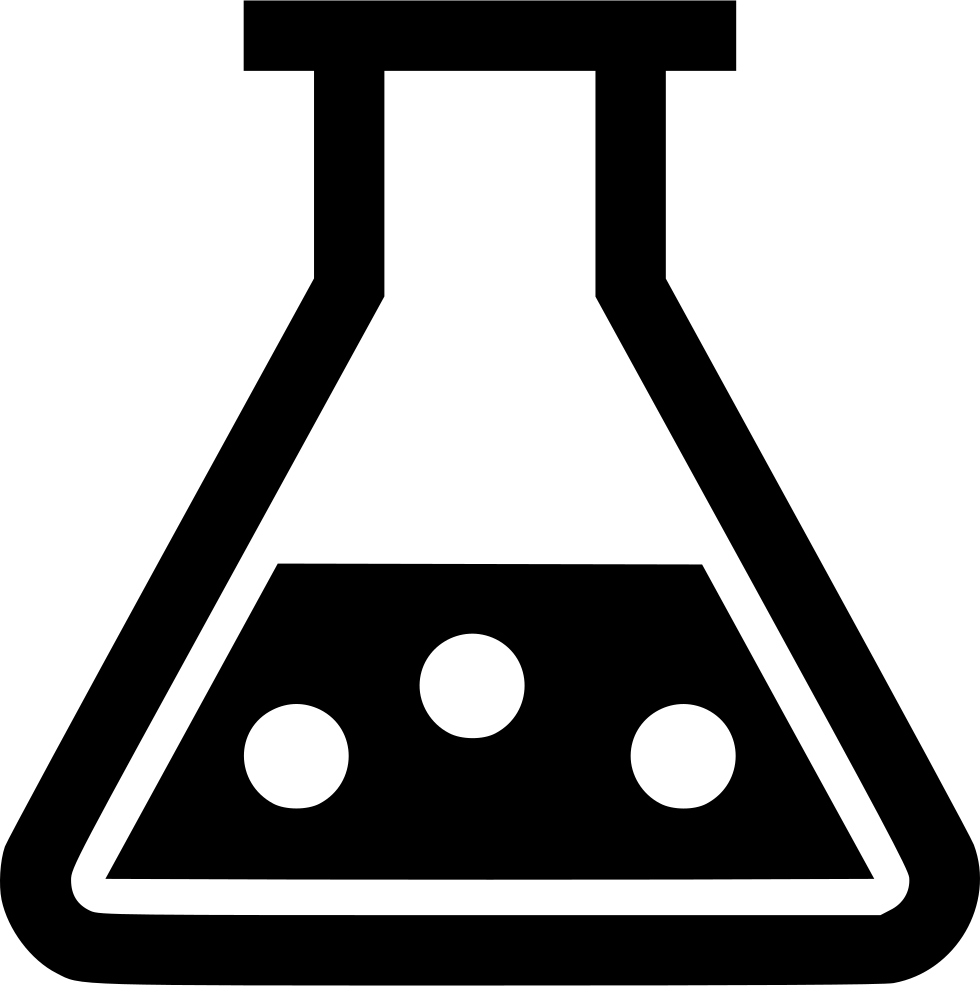Black silhouette of a conical flask with liquid and three bubbles inside, representing chemical experimentation.