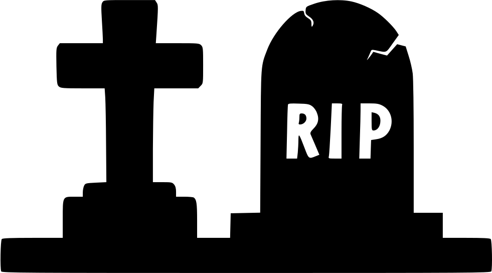 Black silhouette of two tombstones, one plain cross and one engraved with "RIP", on a shared base.