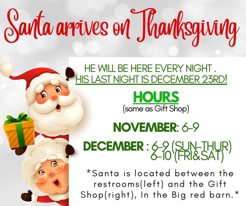 Santa arrives on Thanksgiving poster with hours, location, and festive illustration of Santa and Mrs. Claus holding gifts.