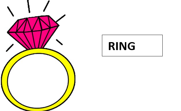 Bright yellow ring with a large pink diamond gemstone, illustrated in bold cartoon style with sparkle lines.