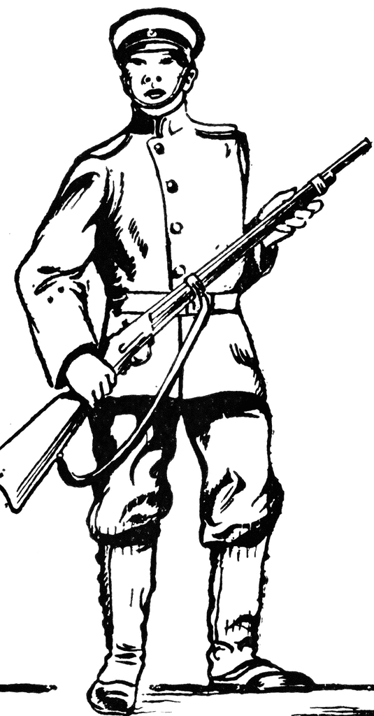 Black-and-white line drawing of a soldier in early 20th-century uniform holding a rifle, standing at attention.