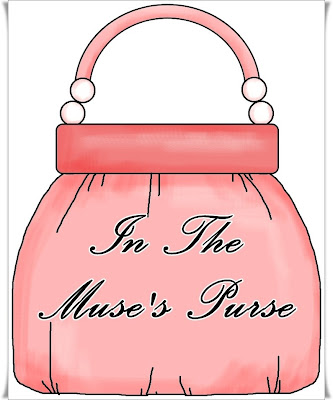 Pink handbag illustration with cursive text "In The Muse's Purse" and decorative handle beads.