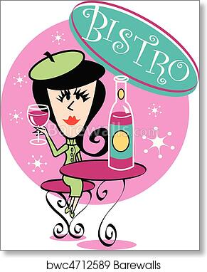 Stylish cartoon woman in green beret sipping wine at a bistro table with bottle and sign reading "BISTRO".