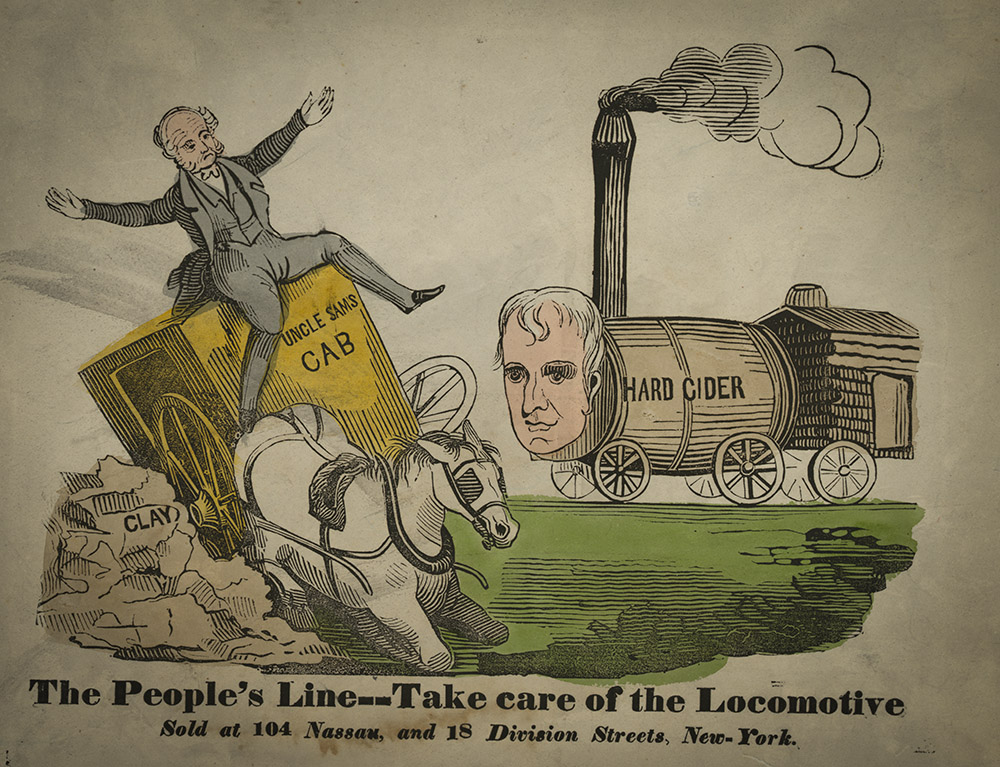 1848 political cartoon showing Uncle Sam in a cab labeled "CLAY" crashing into a locomotive labeled "HARD CIDER" with a man's face.