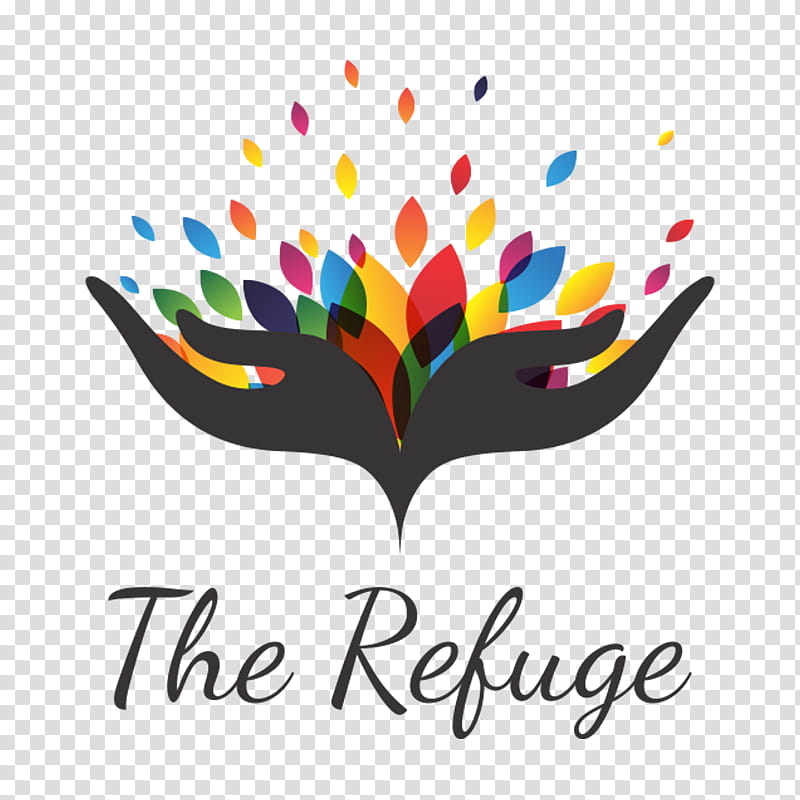 Two hands cupping a burst of colorful leaf-like shapes, symbolizing care and diversity, with "The Refuge" below.