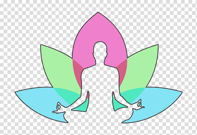 Silhouette of a meditating person within a colorful lotus flower with green, pink, and blue petals.